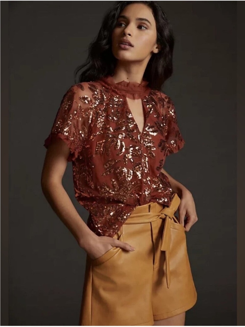 Anthropologie Floral Sequin Rust Orange Ruffle Tie Blouse Womens Large